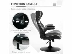 Fauteuil Gaming Base Ronde Métal Pivotante 360° Hauteur Réglable Tétière Accoudoirs Relevables PVC Blanc Noir -mobilier de bureau Shop siege de bureau 18881179