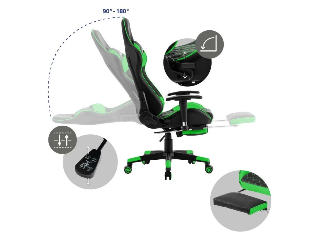 Chaise De Jeu Avec Repose-pieds Extensible 2D Accoudoirs Noir/Vert En Similicuir ML-Design 4 Chaise De Jeu Avec Repose-pieds Extensible 2D Accoudoirs Noir/Vert En Similicuir ML-Design – Image 4