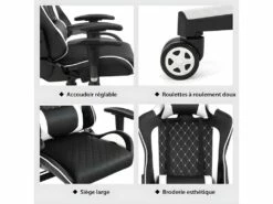 Chaise Gaming De Bascule, Siège Gamer Pivotante Ergonomique, Support Lombaire Et Poche Blanc -mobilier de bureau Shop siege de bureau 21961069