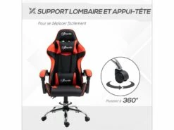 Fauteuil De Bureau Gamer Style Baquet Racing - Pivotant, Inclinable - Coussins Tétière Et Lombaires Inclus - Revêtement PU Rouge Noir -mobilier de bureau Shop siege de bureau 22116591