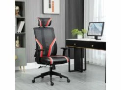 Fauteuil De Bureau Gamer Pivotant - Accoudoirs, Tétière Réglables - Support Lombaire - Revêtement Synthétique Et Polyester Rouge Noir