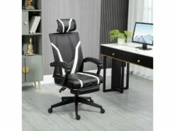 Fauteuil De Bureau Gamer - Pivotant, Inclinable - Support Lombaire, Tétière, Repose-pied Inclus - Revêtement Synthétique Et Polyester Blanc Noir