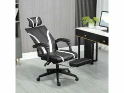 Fauteuil De Bureau Gamer - Pivotant, Inclinable - Support Lombaire, Tétière, Repose-pied Inclus - Revêtement Synthétique Et Polyester Blanc Noir -mobilier de bureau Shop siege de bureau 8952773