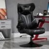 Fauteuil Gaming Base Ronde Métal Pivotante 360° Hauteur Réglable Tétière Accoudoirs Relevables PVC Gris Noir
