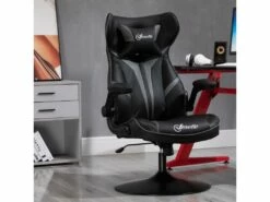 Fauteuil Gaming Base Ronde Métal Pivotante 360° Hauteur Réglable Tétière Accoudoirs Relevables PVC Gris Noir