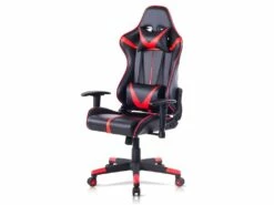 Fauteuil Chaise De Jeu En Cuir Synthétique Avec Accoudoirs Réglables Oreillers Et Coussins Lombaires Rouge Et Noir 19_0000430