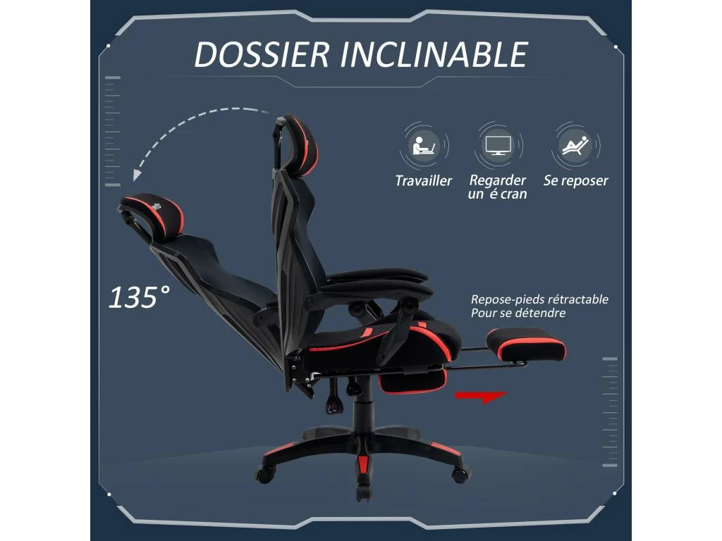 Vinsetto Fauteuil Gaming Chaise Gamer Réglable Pivotant Dossier Inclinable Repose-pied Polyester Rouge Noir 4 Vinsetto Fauteuil Gaming Chaise Gamer Réglable Pivotant Dossier Inclinable Repose-pied Polyester Rouge Noir – Image 4