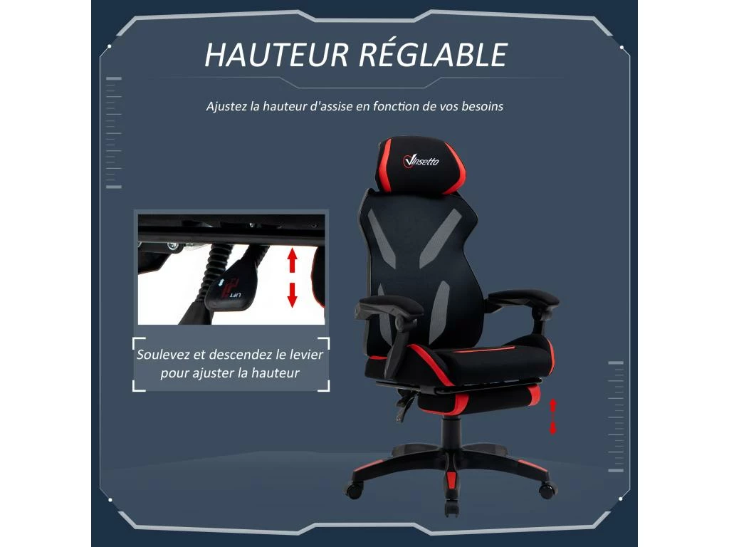 Vinsetto Fauteuil Gaming Chaise Gamer Réglable Pivotant Dossier Inclinable Repose-pied Polyester Rouge Noir 5 Vinsetto Fauteuil Gaming Chaise Gamer Réglable Pivotant Dossier Inclinable Repose-pied Polyester Rouge Noir – Image 5