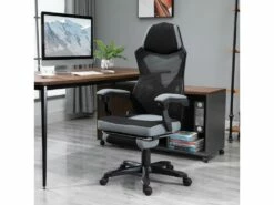 HOMCOM Fauteuil Gaming Chaise Gamer Dossier Et Hauteur Réglable Roulettes Pivotantes Repose-pied Tissu Maille Gris Noir