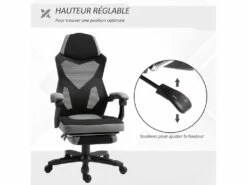 HOMCOM Fauteuil Gaming Chaise Gamer Dossier Et Hauteur Réglable Roulettes Pivotantes Repose-pied Tissu Maille Gris Noir -mobilier de bureau Shop siege de bureau 9550043