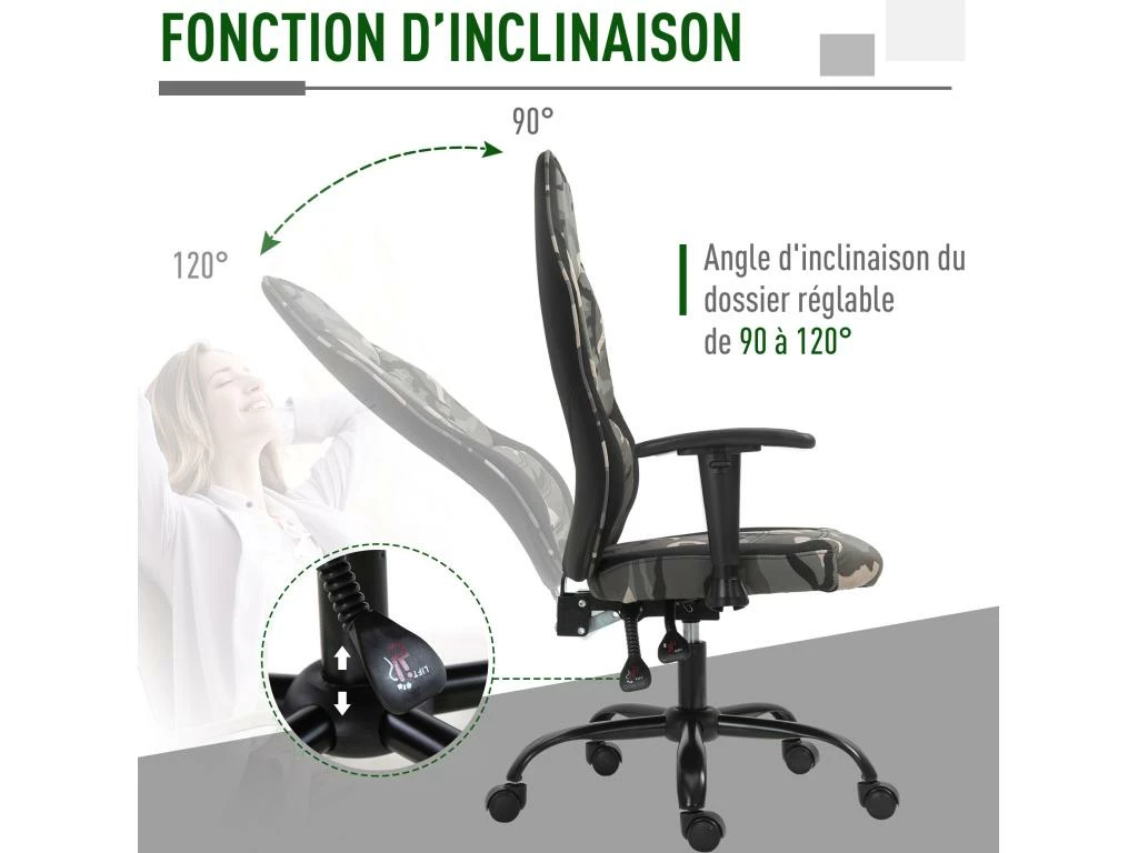 Fauteuil Gaming Militaire - Chaise Gamer - Inclinable, Hauteur Réglable Assise & Accoudoirs, Pivotant - Polyester Noir Vert 4 Fauteuil Gaming Militaire - Chaise Gamer - Inclinable, Hauteur Réglable Assise & Accoudoirs, Pivotant - Polyester Noir Vert – Image 4