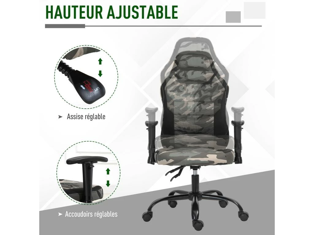 Fauteuil Gaming Militaire - Chaise Gamer - Inclinable, Hauteur Réglable Assise & Accoudoirs, Pivotant - Polyester Noir Vert 5 Fauteuil Gaming Militaire - Chaise Gamer - Inclinable, Hauteur Réglable Assise & Accoudoirs, Pivotant - Polyester Noir Vert – Image 5