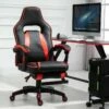 HOMCOM Fauteuil Gamer Grand Confort Fauteuil De Bureau Gamer Pivotant Inclinable Avec Coussins Et Repose-pieds Revêtement Synthétique Noir Rouge