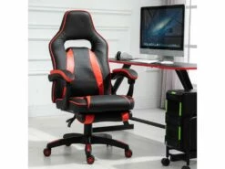 HOMCOM Fauteuil Gamer Grand Confort Fauteuil De Bureau Gamer Pivotant Inclinable Avec Coussins Et Repose-pieds Revêtement Synthétique Noir Rouge