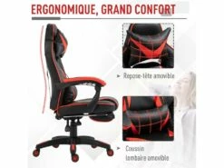 HOMCOM Fauteuil Gamer Grand Confort Fauteuil De Bureau Gamer Pivotant Inclinable Avec Coussins Et Repose-pieds Revêtement Synthétique Noir Rouge 8 HOMCOM Fauteuil Gamer Grand Confort Fauteuil De Bureau Gamer Pivotant Inclinable Avec Coussins Et Repose-pieds Revêtement Synthétique Noir Rouge -mobilier de bureau Shop siege de bureau 9550227