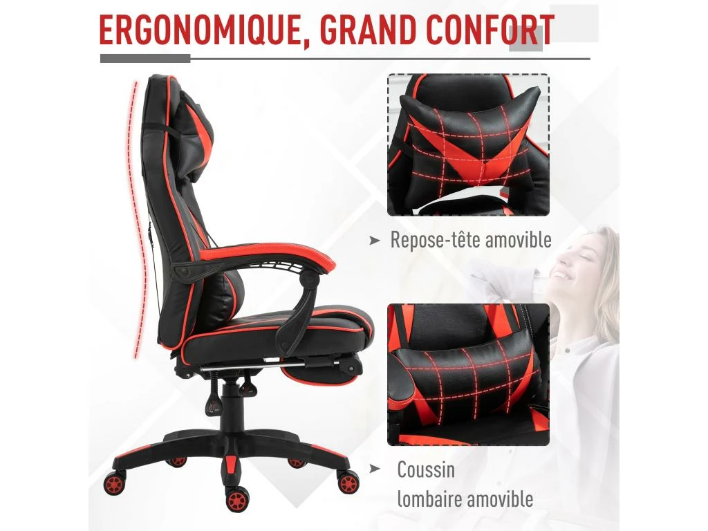 HOMCOM Fauteuil Gamer Grand Confort Fauteuil De Bureau Gamer Pivotant Inclinable Avec Coussins Et Repose-pieds Revêtement Synthétique Noir Rouge 4 HOMCOM Fauteuil Gamer Grand Confort Fauteuil De Bureau Gamer Pivotant Inclinable Avec Coussins Et Repose-pieds Revêtement Synthétique Noir Rouge – Image 4