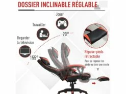 HOMCOM Fauteuil Gamer Grand Confort Fauteuil De Bureau Gamer Pivotant Inclinable Avec Coussins Et Repose-pieds Revêtement Synthétique Noir Rouge 9 HOMCOM Fauteuil Gamer Grand Confort Fauteuil De Bureau Gamer Pivotant Inclinable Avec Coussins Et Repose-pieds Revêtement Synthétique Noir Rouge -mobilier de bureau Shop siege de bureau 9550229