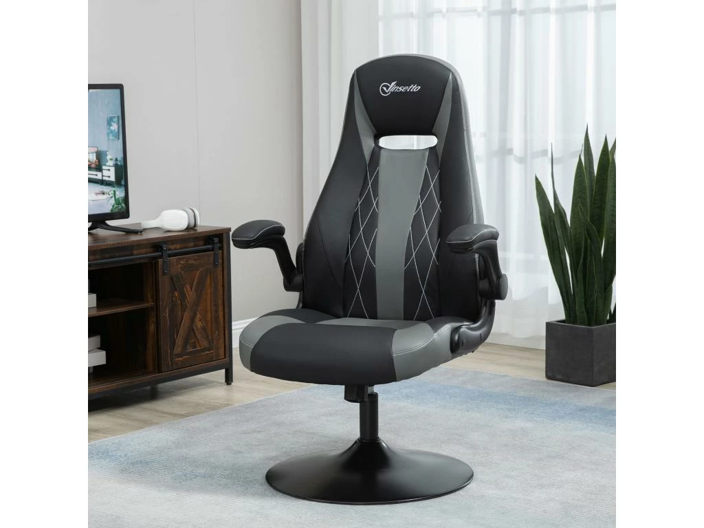 Fauteuil Gaming Base Ronde Métal Pivotante 360° Hauteur Réglable Fonction Dossier Bascule Accoudoirs Relevables PU Gris Noir 1 Fauteuil Gaming Base Ronde Métal Pivotante 360° Hauteur Réglable Fonction Dossier Bascule Accoudoirs Relevables PU Gris Noir