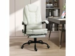 Vinsetto Fauteuil De Bureau Direction Massant Hauteur Réglable Dossier Inclinable Repose-pied + Coussin Lombaires Intégrés Revêtement Synthétique Blanc
