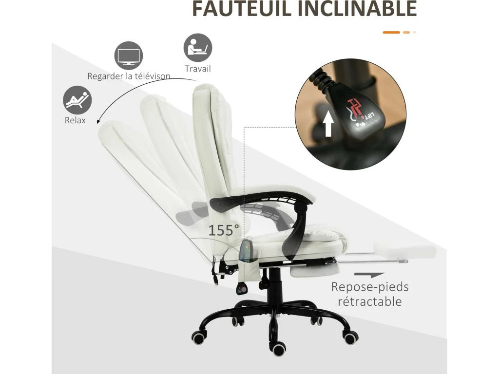 Vinsetto Fauteuil De Bureau Direction Massant Hauteur Réglable Dossier Inclinable Repose-pied + Coussin Lombaires Intégrés Revêtement Synthétique Blanc 5 Vinsetto Fauteuil De Bureau Direction Massant Hauteur Réglable Dossier Inclinable Repose-pied + Coussin Lombaires Intégrés Revêtement Synthétique Blanc – Image 5