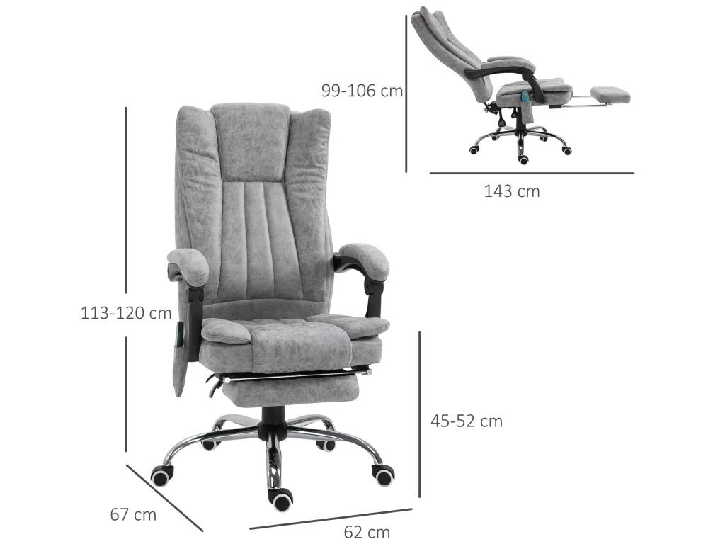 Fauteuil De Bureau Direction Massant Chauffant Hauteur Réglable Dossier Inclinable Repose-pied Revêtement Synthétique Gris 3 Fauteuil De Bureau Direction Massant Chauffant Hauteur Réglable Dossier Inclinable Repose-pied Revêtement Synthétique Gris – Image 3