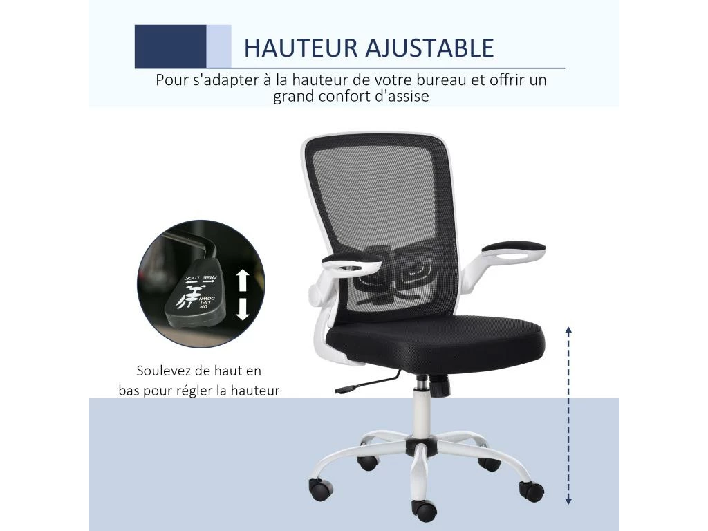 Vinsetto Chaise De Bureau Ergonomique Hauteur Réglable Pivotante 360° Accoudoirs Relevables Tissu Maille Bicolore Noir Blanc 5 Vinsetto Chaise De Bureau Ergonomique Hauteur Réglable Pivotante 360° Accoudoirs Relevables Tissu Maille Bicolore Noir Blanc – Image 5